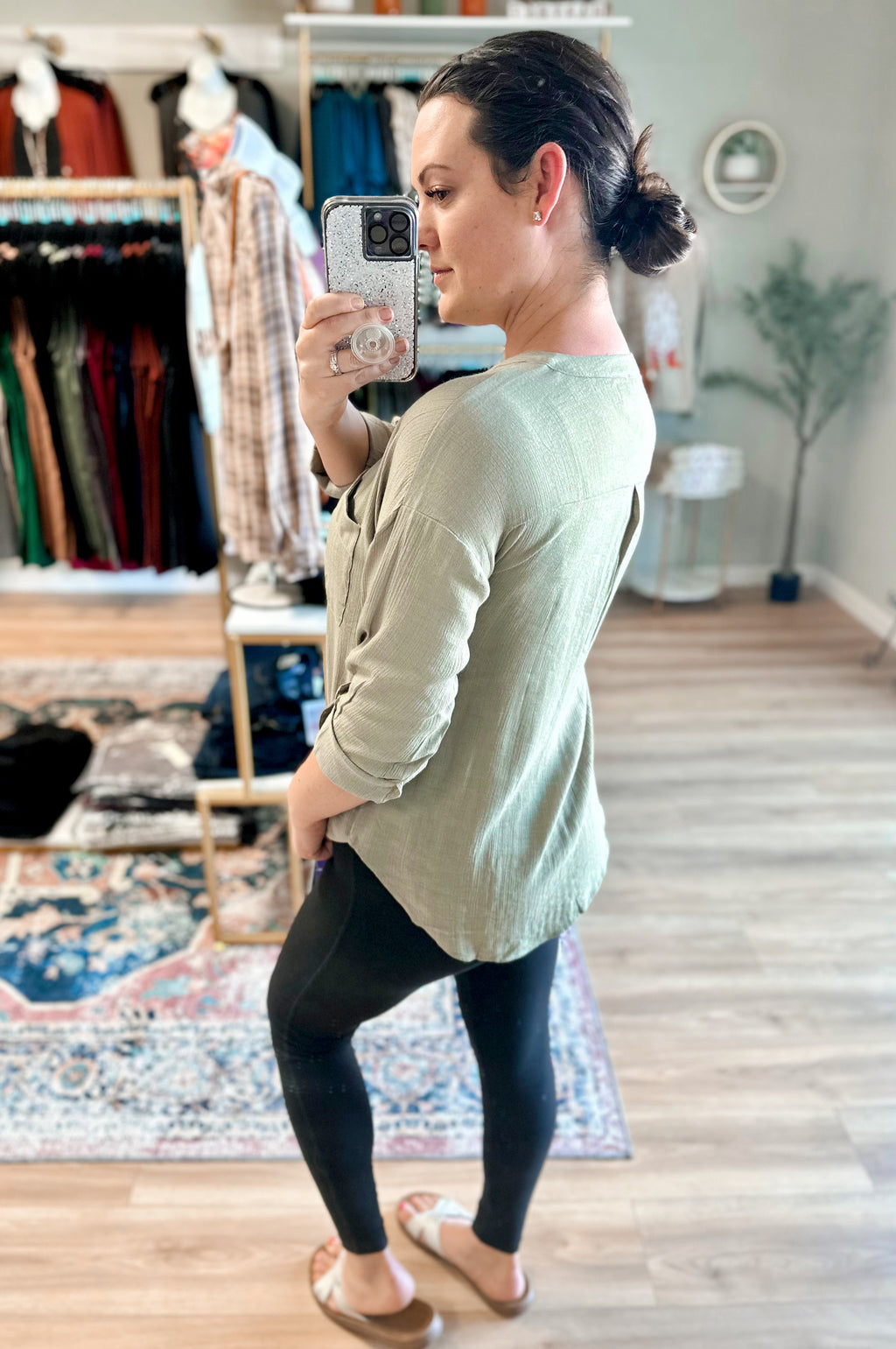 Olive Buttoned Pocket Top