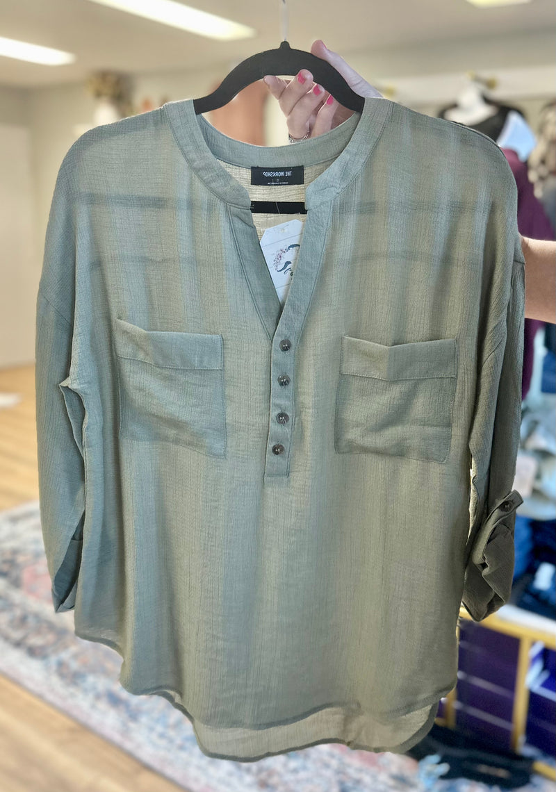 Olive Buttoned Pocket Top