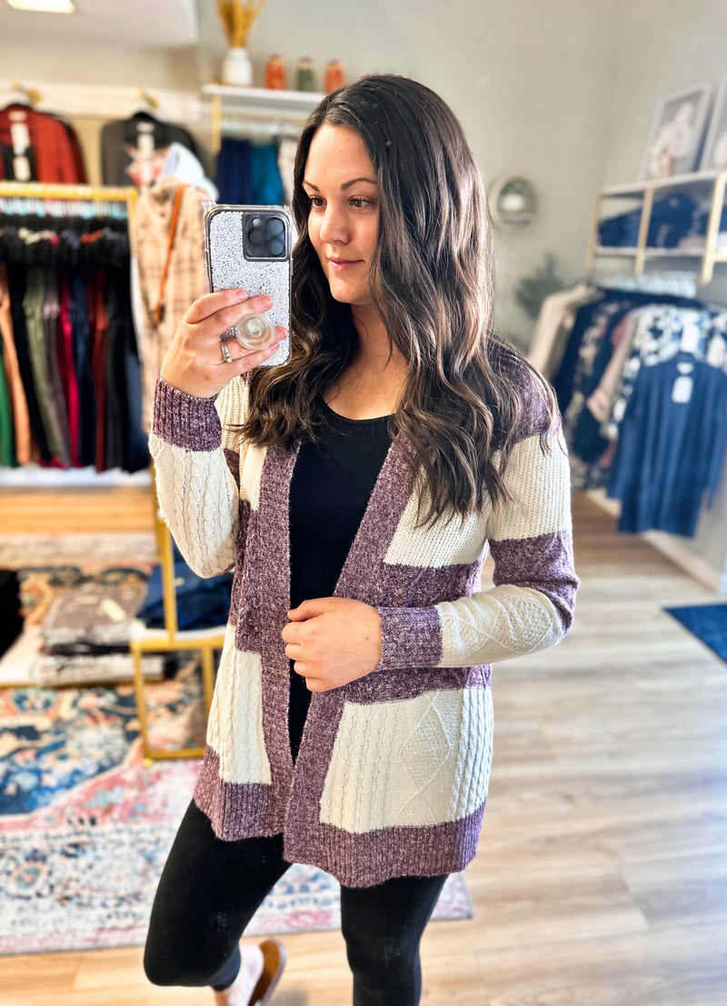 Purple Color Blocked Sweater Cardigan