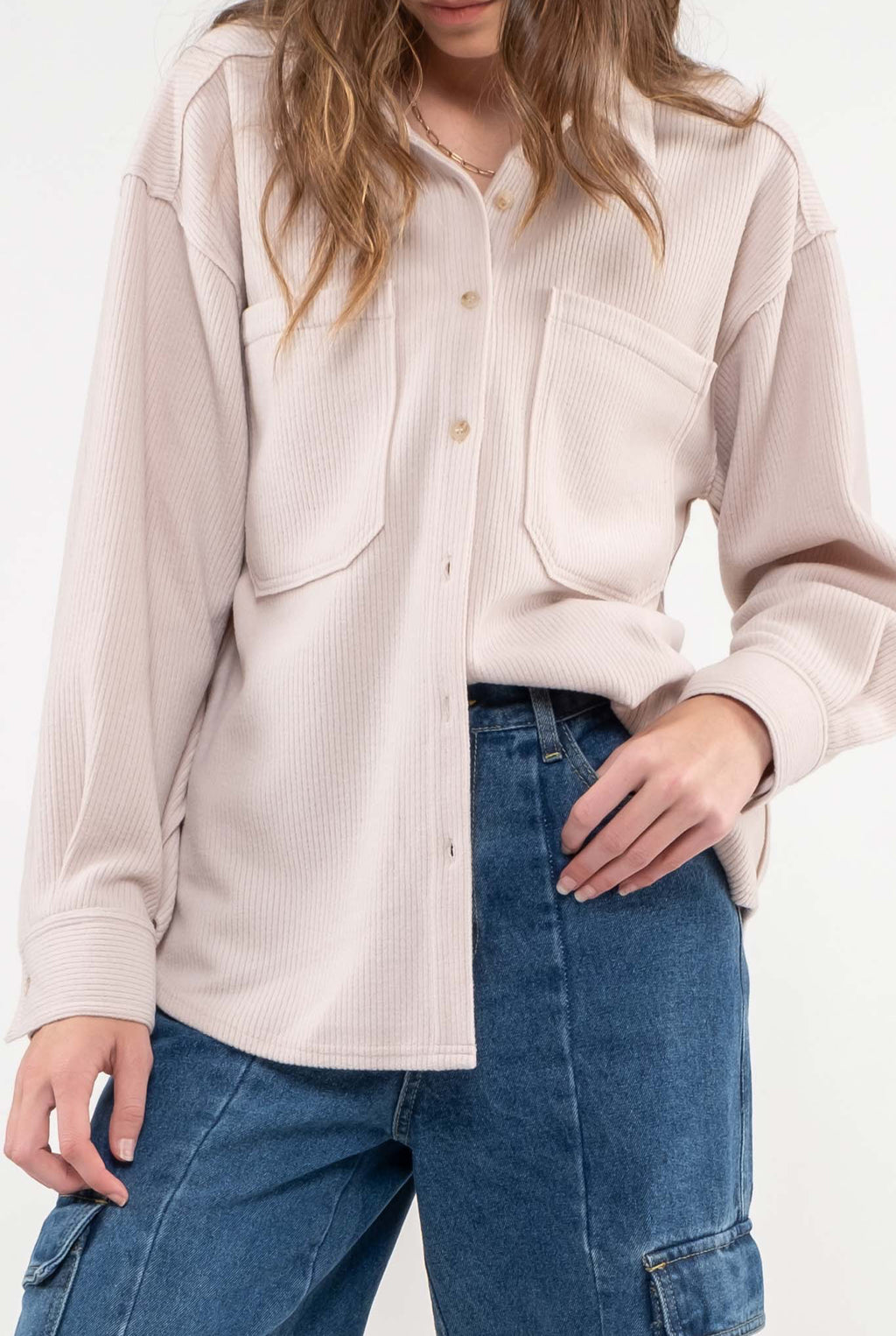 Ribbed Knit Oatmeal Button Up