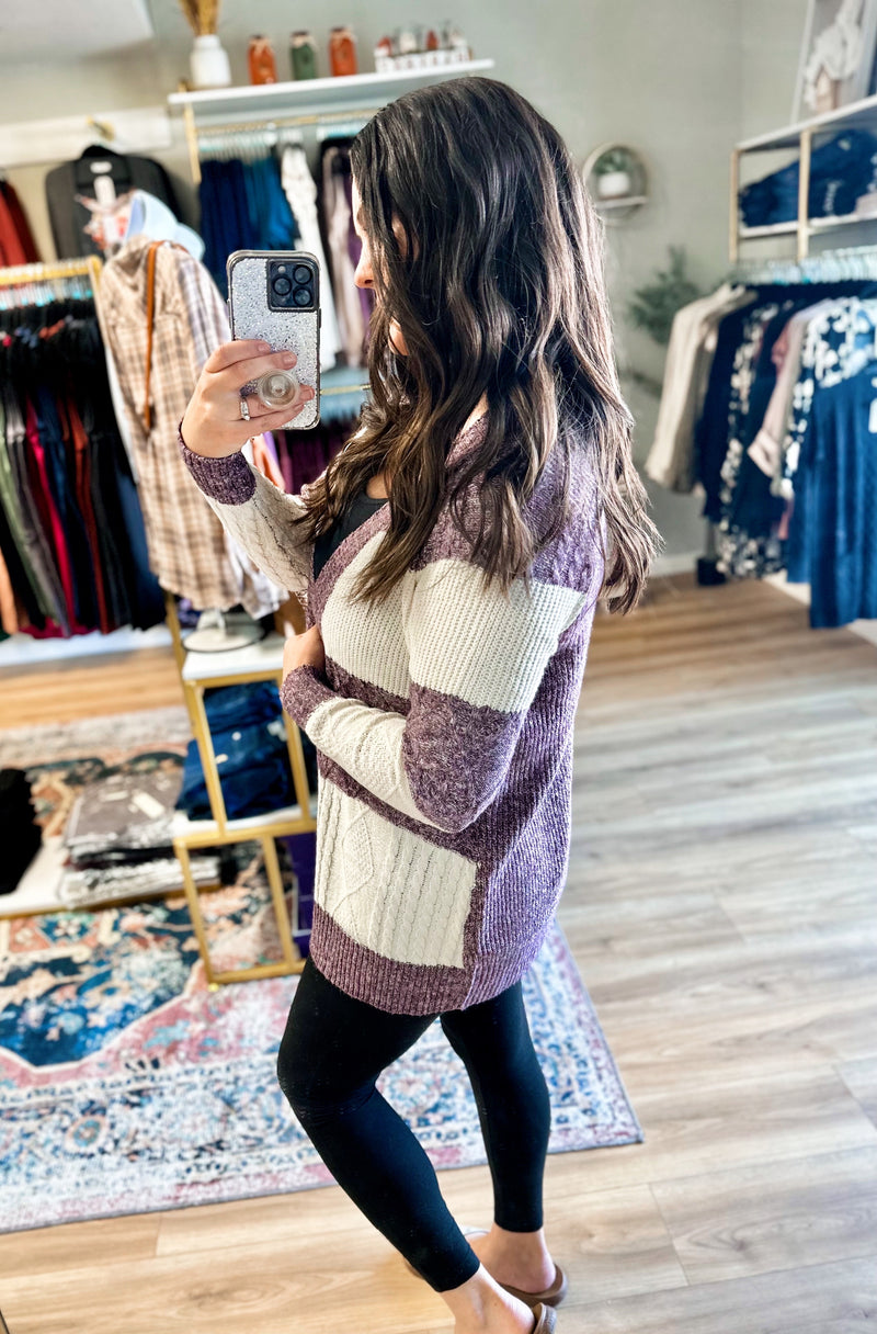 Purple Color Blocked Sweater Cardigan
