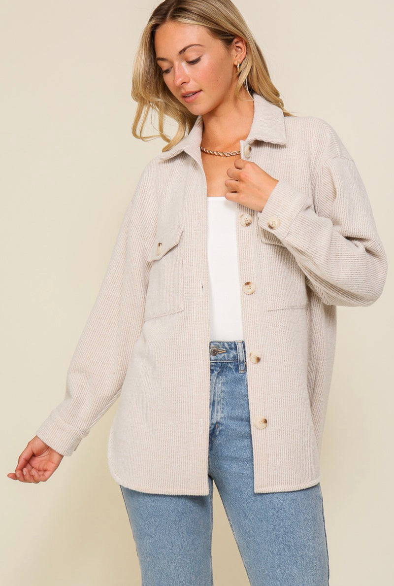 Oatmeal Brushed Waffle Button Up Top