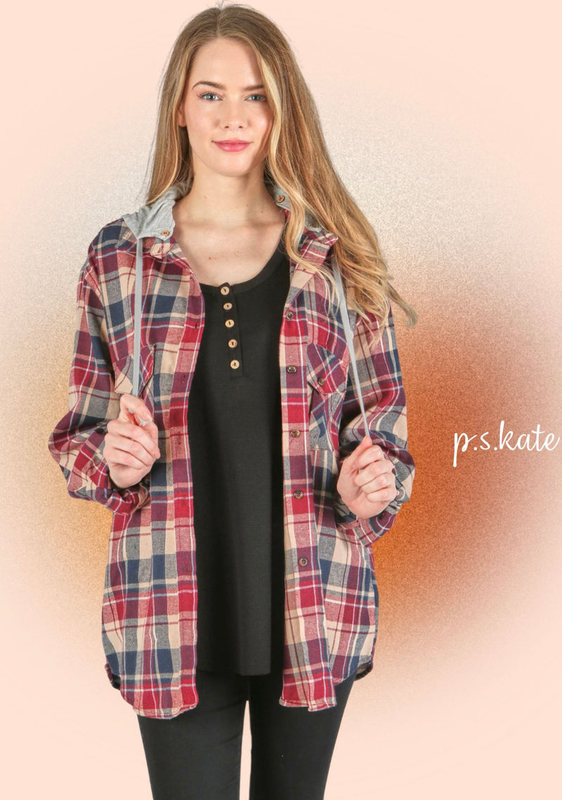 Berry Plaid Button Up Hoodie