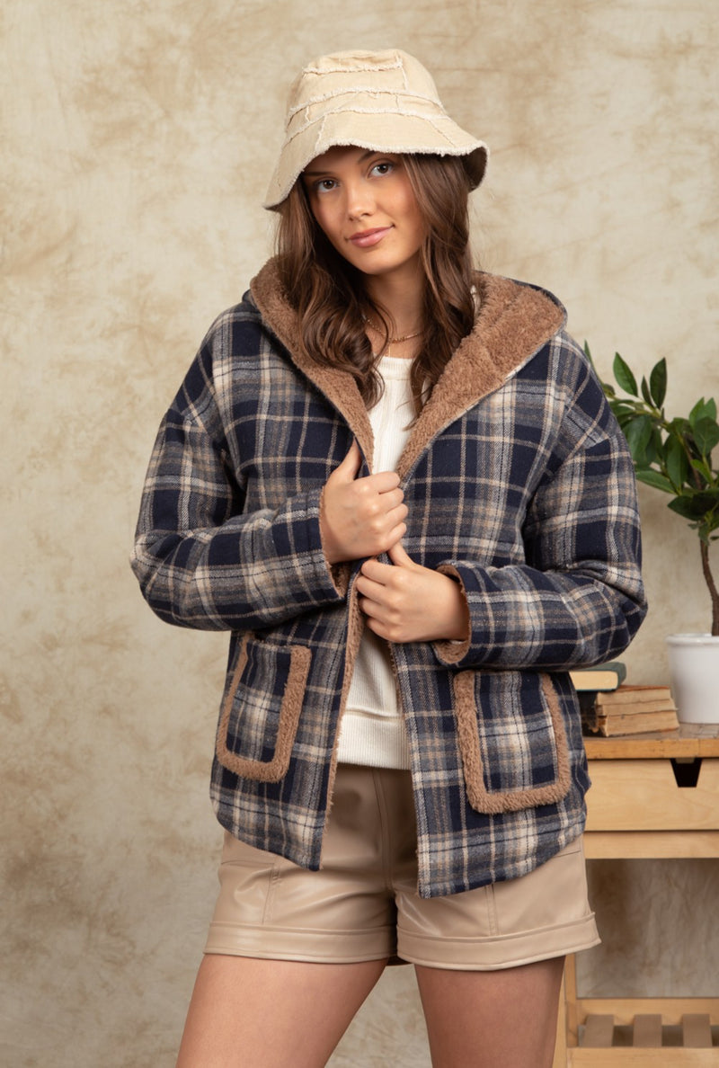 Plaid Flannel Hooded Fur Jacket