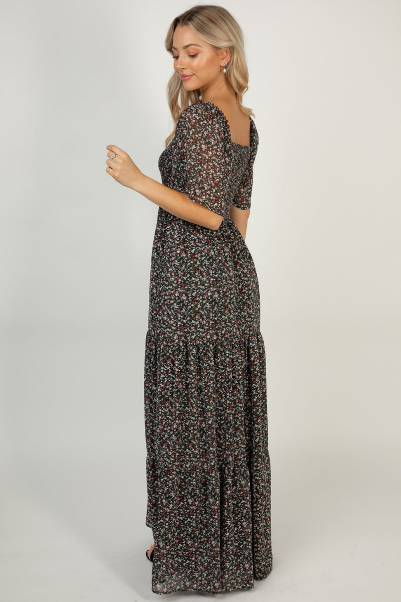 Black Floral Smocked Dress