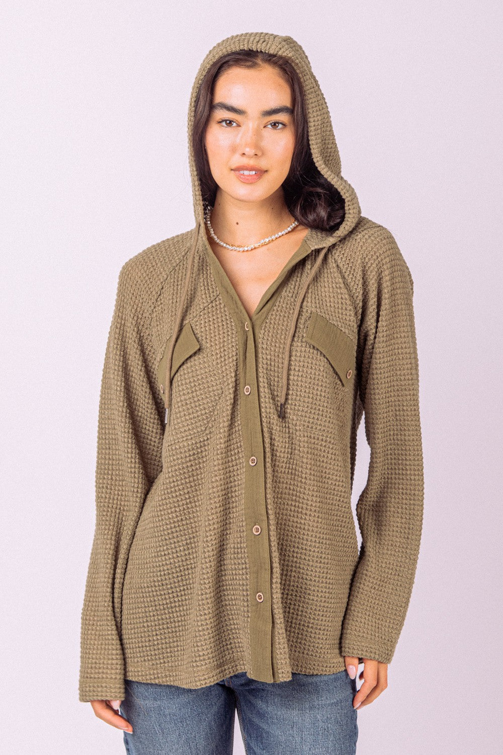 Hooded Waffle Button Up Knit Top