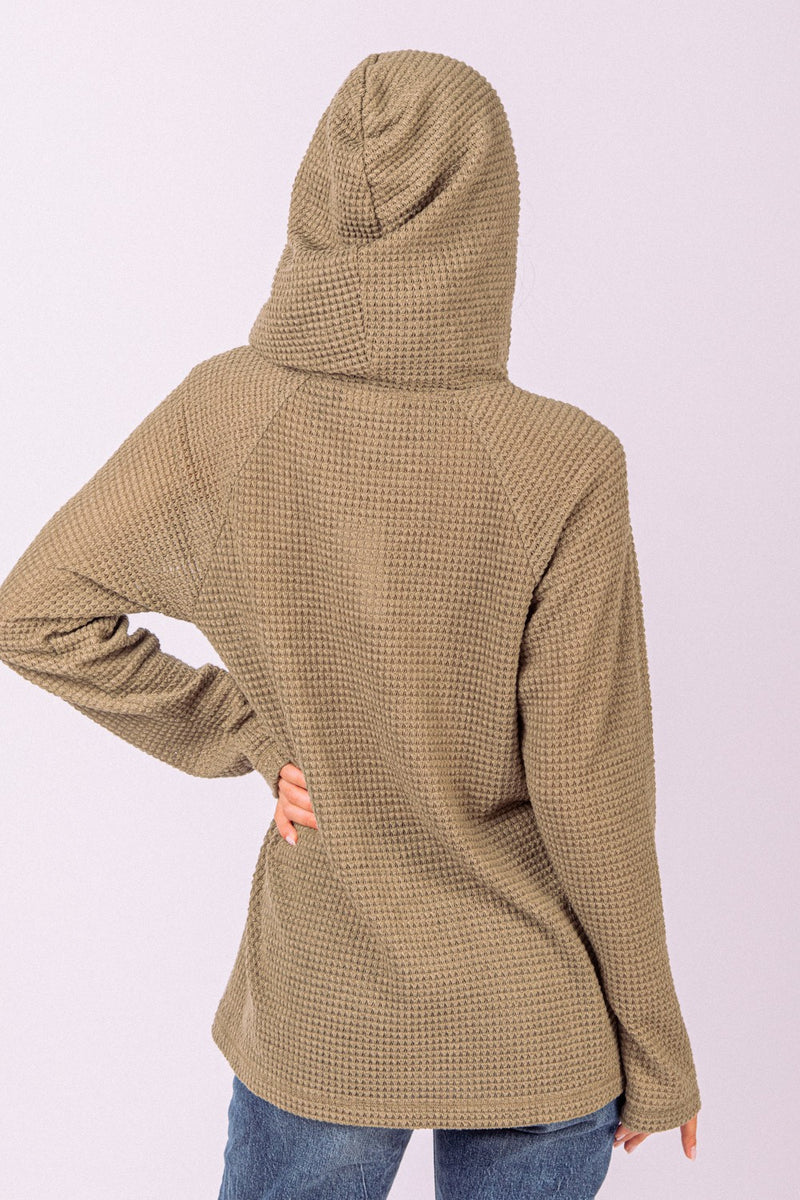 Hooded Waffle Button Up Knit Top