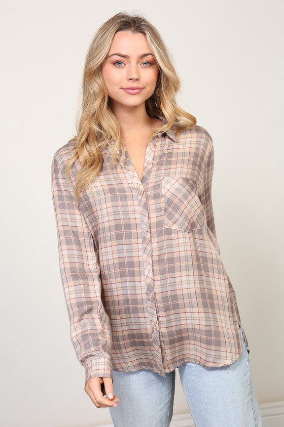 Taupe Plaid Button Up