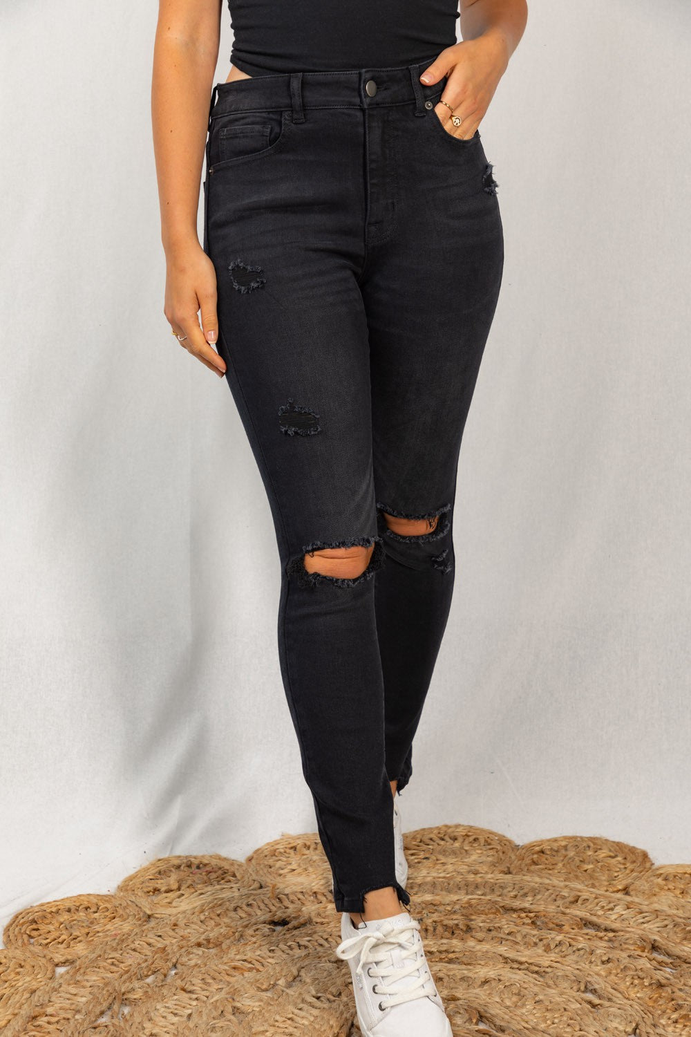High Rise Black Distressed Jeans