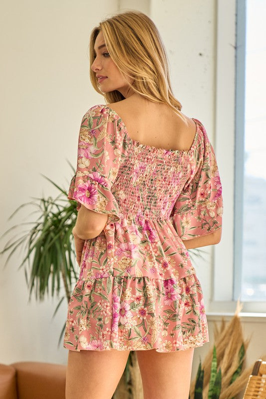 Floral Smocked Ruffle Sleeved Top