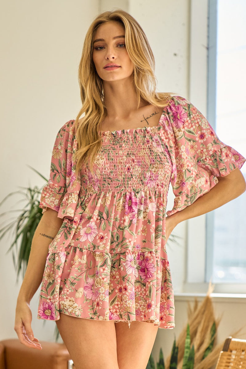 Floral Smocked Ruffle Sleeved Top