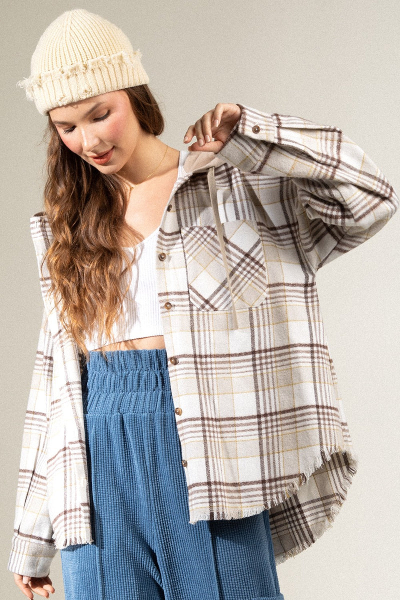 Plaid Hooded Frayed Hem Jacket